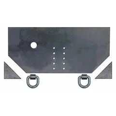 Steel hitch plate for reinforcing or repairing trailer hitches on heavy-duty trucks and equipment. Measures 34 1/2 in overall width, 15 1/2 in height, and 1/2 in thickness. Provides a secure mounting surface for towing connections in fleet and vehicle maintenance applications.