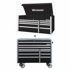 This extra-heavy-duty top chest and rolling cabinet combo features 19 drawers with ball-bearing slides and a keyed locking system. The black finish and heavy-duty construction suit demanding tool storage needs in workshops, garages, and maintenance facilities. Overall dimensions: 54 in W x 25 3/4 in D x 73 1/2 in H.