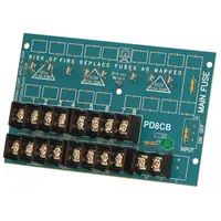 This power distribution module accepts 28V AC/DC input and provides eight PTC-protected outputs. Constructed of phenolic/fiberglass material, it is used to distribute power in control panels and similar installations