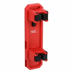 Red plastic tool handle measuring 4 in W x 13 in H x 4 1/2 in L. Equipped with Quick Access Tool Clamps to secure tools for transport. Integrates with the PACKOUT modular storage system for portable tool organization on job sites.