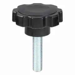 This 8-arm knob features a plastic body with a steel thread insert for corrosion resistance. It has a 1/2"-13 threaded stud with a 2-inch thread length. Used for manual adjustment, clamping, and positioning on machinery, jigs, and fixtures.