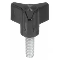 This three-arm knob features a threaded stud for manual adjustment and clamping on industrial machinery, panels, and fixtures. Constructed from black thermoset material with a 1.5 in diameter and 1/4"-20 thread