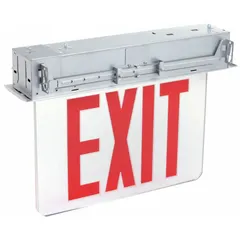 This recess-mount edge-lit exit sign features two red faces with universal field-selectable chevrons for directional guidance. The housing is silver aluminum, and the sign uses LED lighting. It is suitable for marking emergency exits in commercial and industrial buildings.