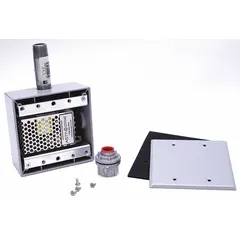 This power supply is designed for use with public address speakers in outdoor or harsh environments. It includes a tamper-proof Torx bit for secure installation. Typical applications include industrial plants, refineries, and marine facilities requiring weather-resistant audio equipment.