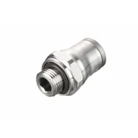 This LEGRIS fitting is a stainless steel BSPP male thread x push-to-connect adapter with a G1/4 thread size for 6 mm OD tubing. It is used in pneumatic and fluid-handling systems to connect threaded ports to tubing, providing a leak-free connection in industrial automation, packaging, and material handling applications