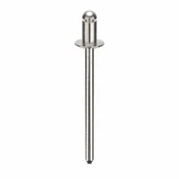 Open-end blind rivet with a domed head, 0.122" diameter, 1.284" length, 3/16" body length, and 1 9/32" overall length. Supplied in a 500-piece pack for inch-system applications. Used for fastening materials where only one side is accessible, such as in sheet metal assembly