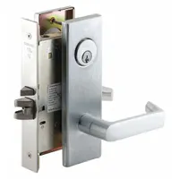 Electric storeroom lever lockset in satin chromium-plated forged brass finish. ADA compliant for accessibility. Designed for interior doors requiring remote locking/unlocking in commercial facilities such as offices, hospitals, and schools