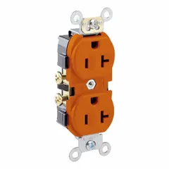 General-purpose duplex receptacle rated 125V AC, 20A, with NEMA 5-20 configuration, 2-pole/3-wire grounding. Orange housing indicates dedicated circuit use. Suitable for commercial and industrial power distribution.