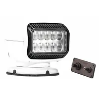 White-housed LED spot spotlight for permanent vehicle installation. Controlled via a dash-mount remote. Features a 6-pin AMP connector for electrical connection. Suitable for off-road, emergency, or utility vehicles requiring focused remote-controlled illumination