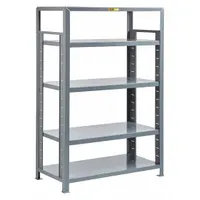This starter unit for heavy-duty adjustable open welded shelving measures 60 inches wide by 24 inches deep with an overall height of 72 inches. Finished in Dove Gray, it is suitable for industrial storage of bulk parts, tools, and equipment where open access and robust construction are required