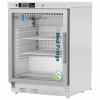 This undercounter pharmacy refrigerator provides 4.6 cu ft of storage for temperature-sensitive items. It maintains a range of 1°C to 10°C, features a white swing glass door with left-hand opening, and includes a temperature alarm. Uses R-600a refrigerant