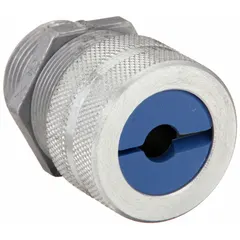 Straight metallic cable grip with 1 in MNPT box connection, accepting cord diameters from 0.38 in to 0.50 in. Aluminum body in silver finish with blue color-coded grommet. Rated for Class I, Division 2 hazardous locations. Provides strain relief and cable retention for electrical connections in industrial environments.