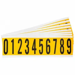 This 25-piece character set includes numbers 0 to 9 in Gothic font, with 1 15/16 in black characters on a yellow non-reflective background. Designed for indoor/outdoor use, these labels provide permanent identification for equipment, pipes, panels, and facility assets. The set is not self-spacing or aligning.