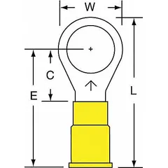 Vinyl-insulated ring terminal rated for 1000V, accepting 12 AWG to 10 AWG wire with a 3/8 in stud size. Suitable for power distribution, control panels, and machinery terminations requiring secure, vibration-resistant connections.