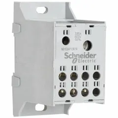 Finger-safe power distribution block with lug-to-lug connections for DIN-rail mounting. Accepts aluminum conductors and supports load-side wire sizes from 14 AWG to 2 AWG. Used to distribute power from a single source to multiple branch circuits in control panels and electrical enclosures.