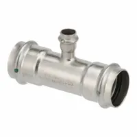This VIEGA PROPRESS crimp tee fitting is used in potable water systems to create a branch connection in stainless steel piping. It features a rubber seal and is designed for press-fit installation without soldering or threading. Suitable for commercial and industrial plumbing applications