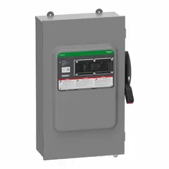This SCHNEIDER fusible safety switch is rated for 200 A, single phase, 240V AC. It features a galvanized steel enclosure suitable for indoor use. The switch provides a visible break for safe maintenance and overcurrent protection in electrical circuits.