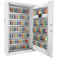 This wall-mountable key cabinet stores up to 144 keys in a white textured steel enclosure. It features a digital lock for keyless entry and includes key tags and mounting hardware. Typical applications include securing and organizing keys in commercial or institutional settings.