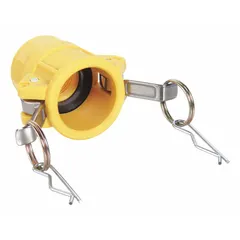 This Type D cam and groove coupling is made of nylon with a 1-1/2 in hose fitting size and 1-1/2 in -11-1/2 FNPT threads. It includes a nitrile gasket for leak-resistant connections in fluid transfer systems. Commonly used for quick-connect hose assemblies in industrial applications.