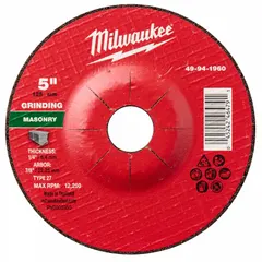 This MILWAUKEE grinding wheel is a Type 27 depressed-center wheel with a 5-inch diameter, 1/4-inch thickness, and 7/8-inch arbor hole. It features silicon carbide abrasive at 24 grit, designed for grinding concrete, masonry, stone, block, and tile surfaces.