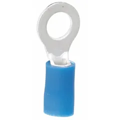 Blue vinyl-insulated ring terminal for #10/#8 studs, accepting 16 AWG to 14 AWG wire. Used to terminate wires in electrical panels, machinery, and general wiring applications requiring a secure stud connection.