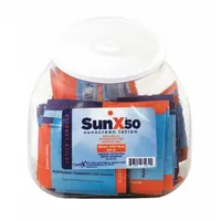 SUNX Sunscreen is a paraben-free lotion sunscreen with aloe vera, supplied in unitized 0.25 oz packets. Each pack contains 25 packets, suitable for personal use in outdoor work or recreational activities where convenient, portable sun protection is needed