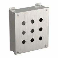 This 304 stainless steel enclosure accommodates nine 22mm push button operators. Rated NEMA 3R/4/4X, it provides protection against rain, splashing water, and corrosion, making it suitable for washdown and corrosive environments