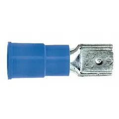 Female quick disconnect terminal with blue vinyl partial insulation for 16 to 14 AWG wire. Used for making separable connections in control panels, appliances, and automotive wiring where reliable electrical contact and easy disconnection are required.