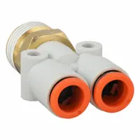 SMC push-fit wye fitting for pneumatic tubing systems. Constructed of polybutylene and brass in white. Connects two 5/16 in OD tubes and one 3/8 in pipe thread, enabling three-way branching in air distribution lines