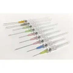 Safety IV catheter with 20 gauge stainless steel needle and polyurethane construction. Overall length 5 inches, pink color. Used for vascular access and intravenous line placement in medical settings.