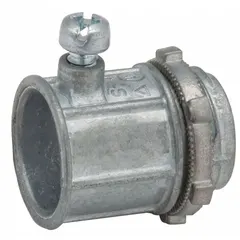 Non-insulated set screw conduit connector for joining electrical conduit to boxes or enclosures. Made of zinc with a gray finish, 4 in trade size, 3 3/4 in overall length. Not rain-tight. Suitable for industrial and commercial wiring applications.