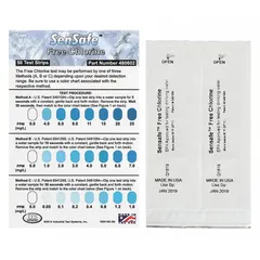 Single-parameter test strips for measuring free chlorine in water samples. Each strip detects free chlorine from 0 to 25 ppm using Method A. Pack of 50 strips for routine water testing in pools, water treatment, and industrial process monitoring.