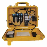 AC-powered portable filtration panel for supplied-air respirators. Delivers 30 cfm airflow at up to 150 psi through a 1/2-inch inlet. Includes a CO monitor with auto calibration. Suitable for providing breathable air in industrial settings such as painting, chemical processing, and confined-space work