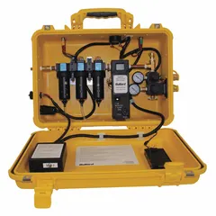 AC-powered portable filtration panel for supplied-air respirators. Delivers 30 cfm airflow at up to 150 psi through a 1/2-inch inlet. Includes a CO monitor with auto calibration. Suitable for providing breathable air in industrial settings such as painting, chemical processing, and confined-space work.