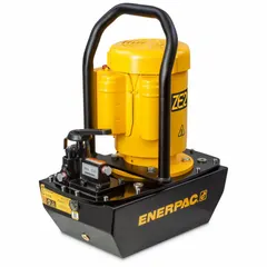 The ENERPAC ZE2308MI is a corded high-power stationary electric hydraulic pump unit with a maximum operating pressure of 10,000 psi and a maximum flow rate of 20 cu in/min. It includes a Hold function for maintaining pressure. Typical applications include lifting, pressing, and clamping in industrial settings.