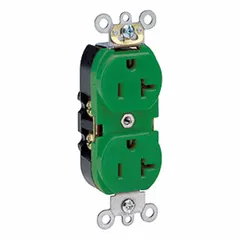 Duplex general purpose receptacle rated 20 A at 125 V AC, NEMA 5-20R configuration, 2-pole/3-wire grounding. Green nylon face indicates isolated-ground or specification-grade use. Suitable for commercial and industrial power distribution where equipment grounding is critical.