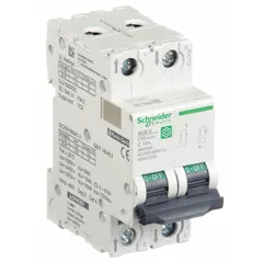 Two-pole DC-only supplementary protector rated 10 A at 500 V DC with C-trip curve. Provides overcurrent and short-circuit protection for DC circuits in industrial control panels, solar systems, and DC distribution. Screw clamp terminals; maximum interrupting rating 5 kA at 250 V DC. Not rated for AC voltage. UL1077 listed.
