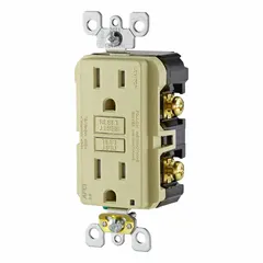 General purpose duplex receptacle with NEMA 5-15 configuration, rated 125V AC and 15 A. Ivory color, 2 pole/3 wire grounding design for flush mounting. Suitable for power distribution in residential, commercial, and industrial settings, accepting standard 5-15 plugs for lighting, appliances, and equipment.