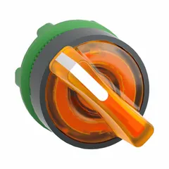 This illuminated selector-switch operator from the Series XB5 features a 2-position maintained/maintained action and a non-metallic bezel. It is designed for panel-mount applications requiring two-position control, such as mode selection or start/stop functions in industrial environments.