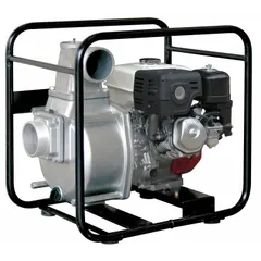 Engine-driven water pump with ductile iron volute and recoil-start ignition. Features 4 in NPT inlet and outlet connections, handles solids up to 3/4 in diameter, and delivers a maximum head of 92 ft. Suitable for dewatering, irrigation, and water transfer in construction, agricultural, and industrial applications.