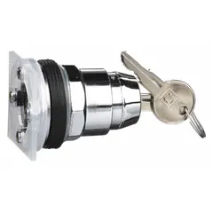 3-position key switch with momentary/maintained/momentary action. Key removal in center position. For 30 mm panel cutout. Used in industrial control panels for key-operated selector functions such as mode selection or access control.