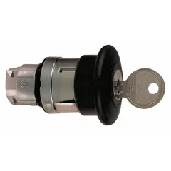 Maintained-action mushroom-head push-button operator from the XB4 series. Features a metallic construction with a 22 mm mounting size and black finish. Suitable for industrial control panels requiring latching functions, such as emergency stop or start/stop operations in machinery and automation systems.