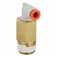 This SMC push-to-connect elbow fitting connects 5/32 in OD tubing to a 1/4" male NPT port. Made of brass with a white finish, it is used in pneumatic systems for tool-free, leak-free connections in industrial automation and material handling applications