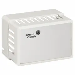 White plastic thermostat cover for Johnson Controls T-4000 series pneumatic thermostats. Includes cover with logo. Designed for horizontal mounting to protect the thermostat in commercial HVAC applications.