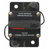 Surface mount heavy duty circuit breaker with stud terminal connection. Rated 42V DC and 100 A interrupt at 12V DC. Suitable for overcurrent protection in automotive electrical systems