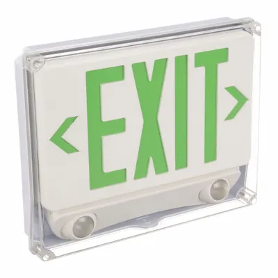 OEM Exit Sign with Emergency Lights: White, 1 Faces, Green, LED, Ceiling/Wall - Plastic Exit Signs with Round Bottom-Mount Light Heads