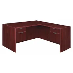 This L-shaped office desk from LEGACY features a mahogany melamine desktop and frame with a 66-inch overall width. It includes two pedestals and two drawers for storage, plus a modesty panel. Suitable for corner workstation layouts in professional environments.