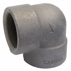 This steel pipe elbow features 1 1/4 in female NPT threaded connections on both ends, designed to change direction in high-pressure piping systems. Rated for a maximum operating pressure of 2,000 psi at 150° F, it is suitable for industrial applications requiring reliable fluid conveyance.