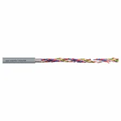 This continuous flexing data cable features 24 AWG copper twisted-pair conductors, 6 conductors, a PUR jacket, and a 300 V rating. It is unshielded, UV/sunlight resistant, and certified EAC TC RU C-DE. ME77.B.01559. Minimum bend radii are 4 x OD, 6 x OD, and 7.5 x OD. Suitable for use in cable carriers and automated machinery requiring reliable signal transmission in industrial environments.