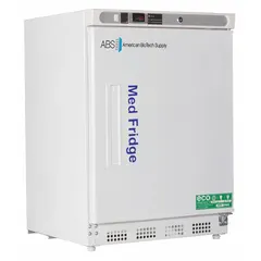 Undercounter laboratory refrigerator with 4.6 cu ft capacity, maintaining 2°C to 7°C. Features a right-opening solid swing door, temperature alarm, and uses R-600a refrigerant. Overall depth 24 1/2 in. Suitable for storing vaccines, pharmaceuticals, and lab samples requiring stable cold storage.